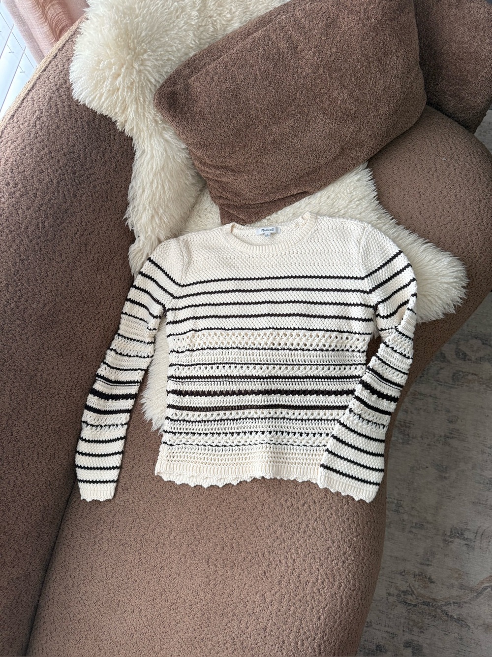 Madewell Rosie Textured Femme Pullover Sweater in ivory and chocolate stripe
